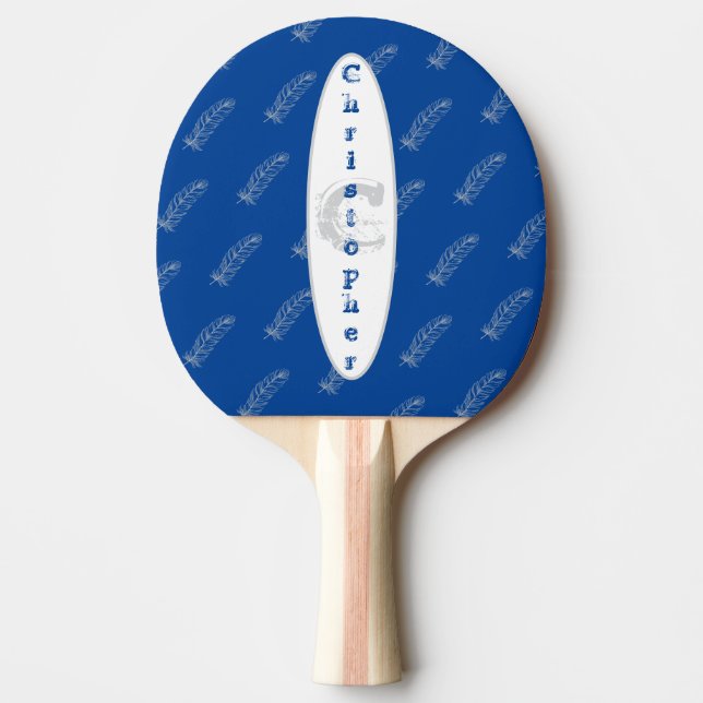 Raquete De Ping Pong Penas Padrão Azul Nome Moderno Simples Monograma (Frente)