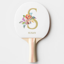 Raquete De Ping Pong  Personalização Branca Dourada Floral 