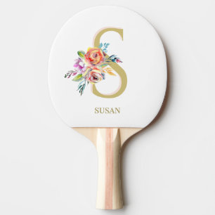 Raquete De Ping Pong Personalização Branca Dourada Floral