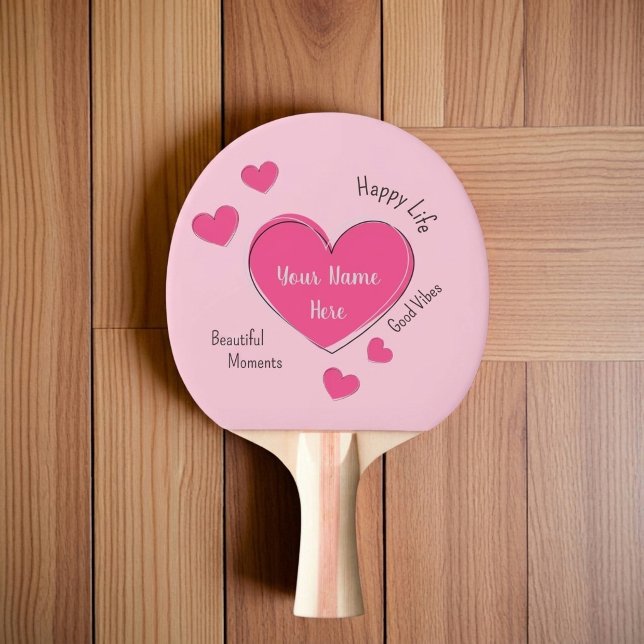 Raquete de Ping Pong Personalizada com Corações Ro (Fully customizable pink hearts ping pong paddle with editable text)