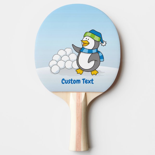 Raquete De Ping Pong Pinguim pequeno com bolas de neve acenando pingue- (Frente)