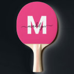 Raquete De Ping Pong Pink Name Monogram<br><div class="desc">Create Your Own Personalized Modern Script Name Girly Magenta Hot Pink Monogram Ping Pong Paddle. This ultra-girly paddle features a vibrant magenta hot pink background with a bold, flat white initial (no shimmer or foil) on the front, paired with a playful black script name for a personalized touch. The back...</div>