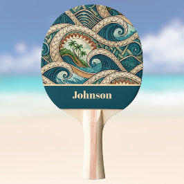Raquete De Ping Pong Polynesian Tropical Wave Palm Trees Pattern Name