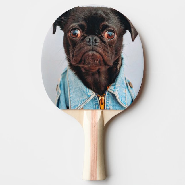 Raquete De Ping Pong Pug em Denim Jackey Cachorro Adorável (Frente)