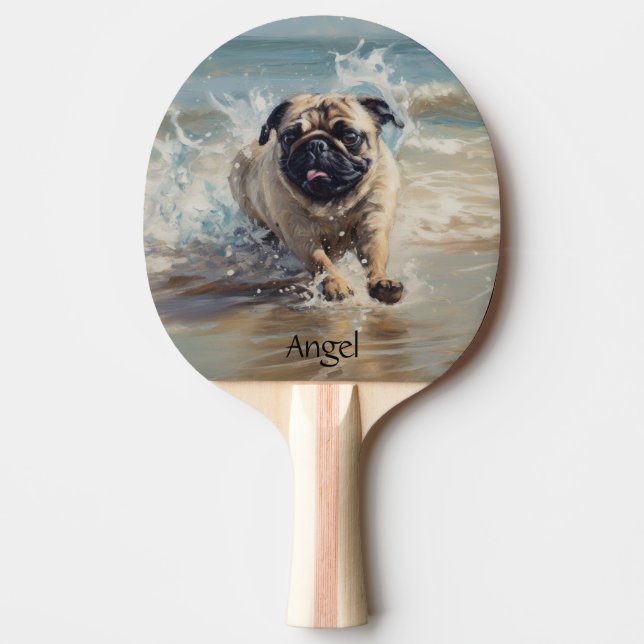 Raquete De Ping Pong Pug Feliz na Praia personalizável (Frente)