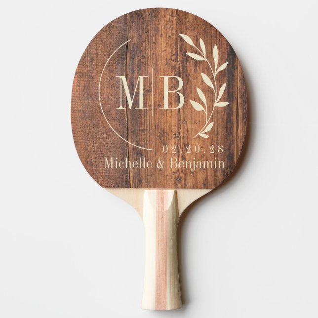 Raquete De Ping Pong Reclaimed Wood Leaf Wedding Monogram (Verso)
