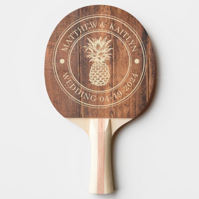 Raquete De Ping Pong Reclaimed Wood Pineapple Wedding Crest & Names (Verso)