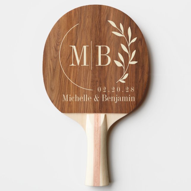 Raquete De Ping Pong Red Oak Wood Leaf Wedding Monogram (Verso)