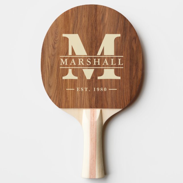 Raquete De Ping Pong Red Oak Wood Monogram & Name Overlay (Verso)