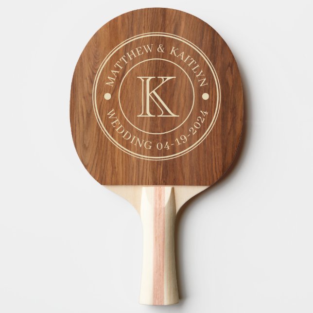 Raquete De Ping Pong Red Oak Wood Wedding Monogram (Verso)