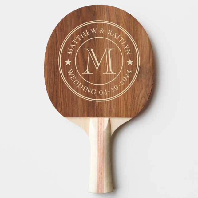 Raquete De Ping Pong Red Oak Wood Wedding Monogram Star (Frente)
