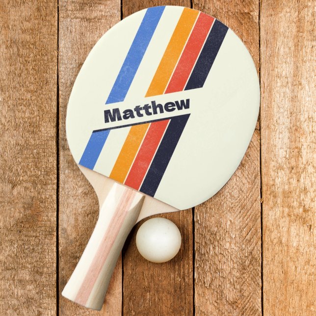 Raquete De Ping Pong Retrô Angustiado cinco Listras Escuro com Nome (Criador carregado)