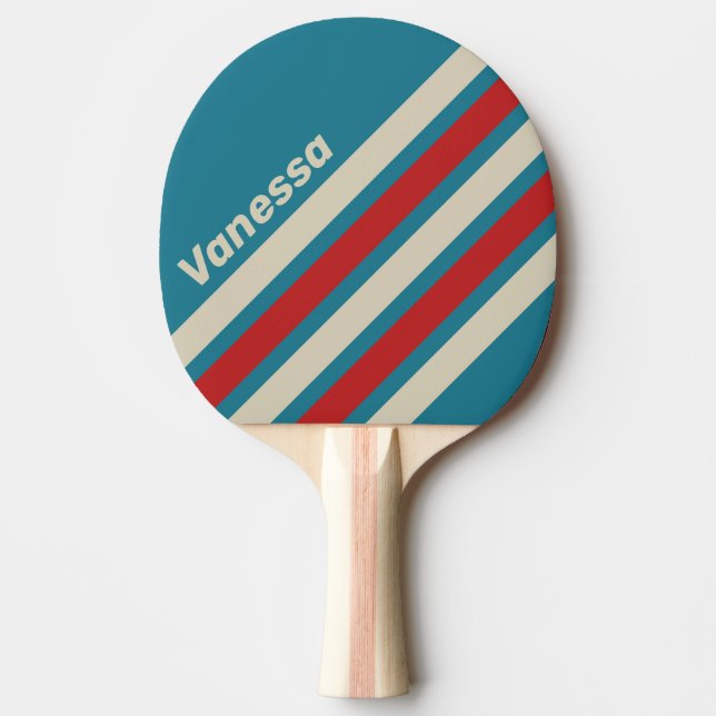 Raquete De Ping Pong Retro Aqua Surf Listras Anguladas com Nome (Frente)