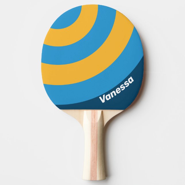 Raquete De Ping Pong Retro Azul-Marinho Círculo Listrado com Nome (Frente)