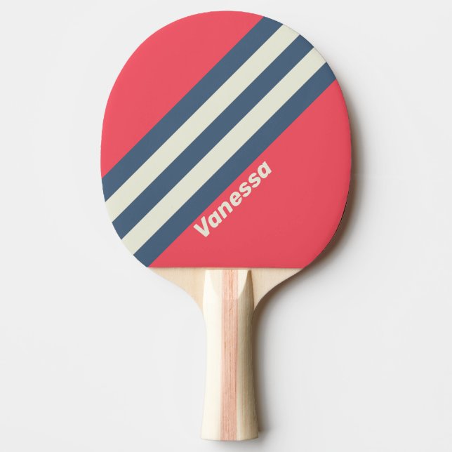 Raquete De Ping Pong Retro Beach Club Striped com Nome (Frente)