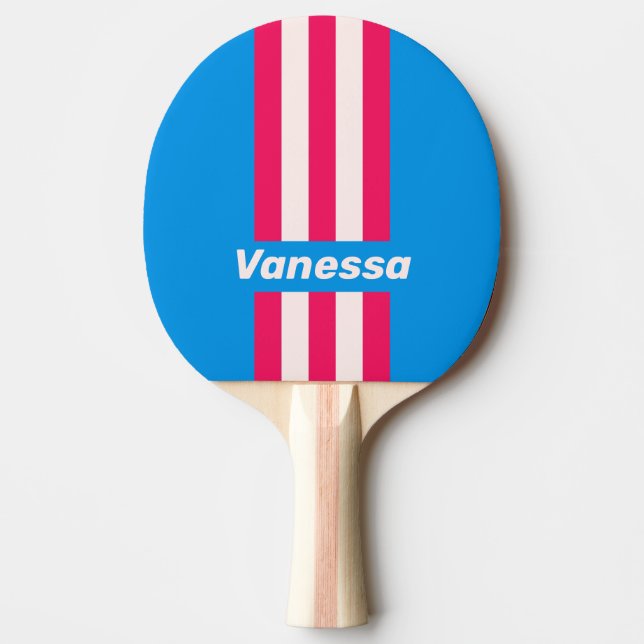 Raquete De Ping Pong Retro Blue Crush Pin Listras com Nome (Frente)
