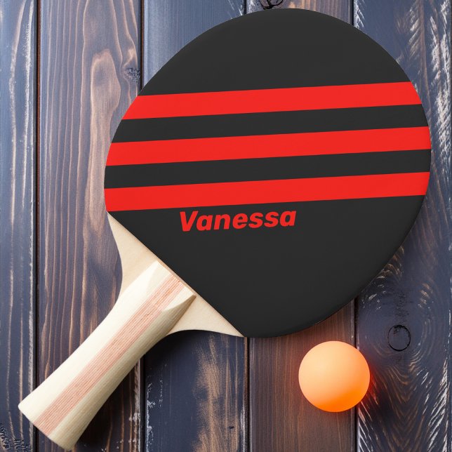 Raquete De Ping Pong Retro Escuro Três Listras com Nome (Criador carregado)