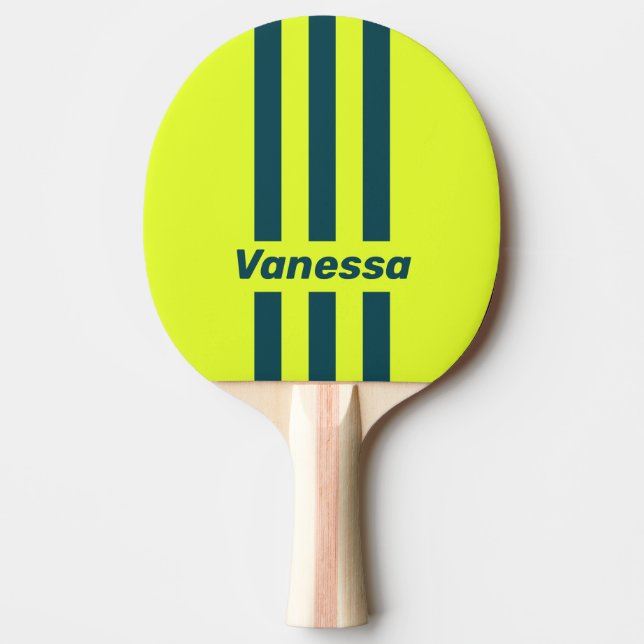 Raquete De Ping Pong Retro HI VIS Yellow Three Pin Stripes with Name (Frente)