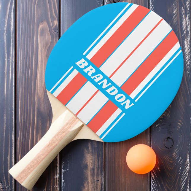 Raquete De Ping Pong Retro Light Sky Blue Board Listras com Nome (Criador carregado)