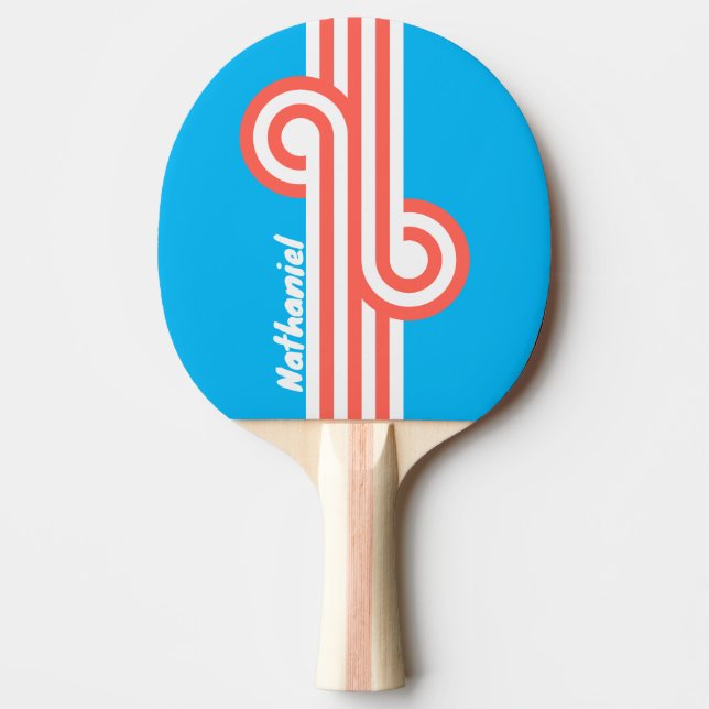 Raquete De Ping Pong Retro Luz Azul Céu Loop com Nome (Frente)