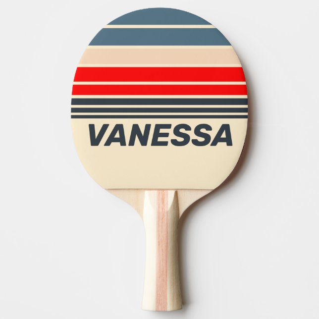 Raquete De Ping Pong Retro Nautical Rainbow Horizon Striping with Name (Frente)
