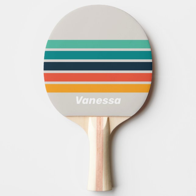 Raquete De Ping Pong Retro Ocean Rainbow Across Striping with Name (Frente)