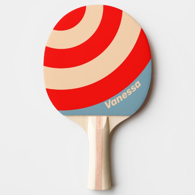 Raquete De Ping Pong Retro Oceano Horizonte Círculo Listras com Nome (Frente)