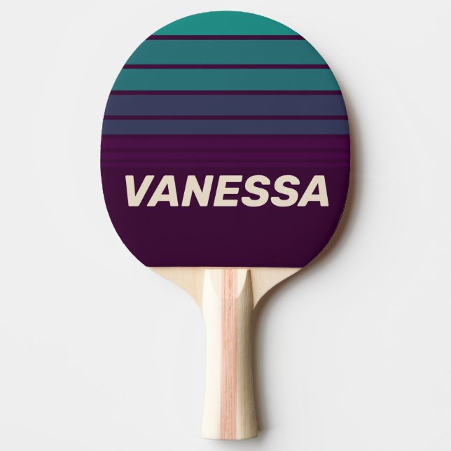 Raquete De Ping Pong Retro Purple Rainbow Horizon Striping with Name (Frente)