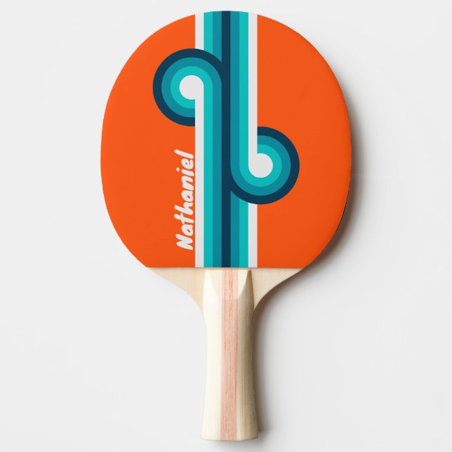 Raquete De Ping Pong Retro salva-vidas com listras e nome (Frente)