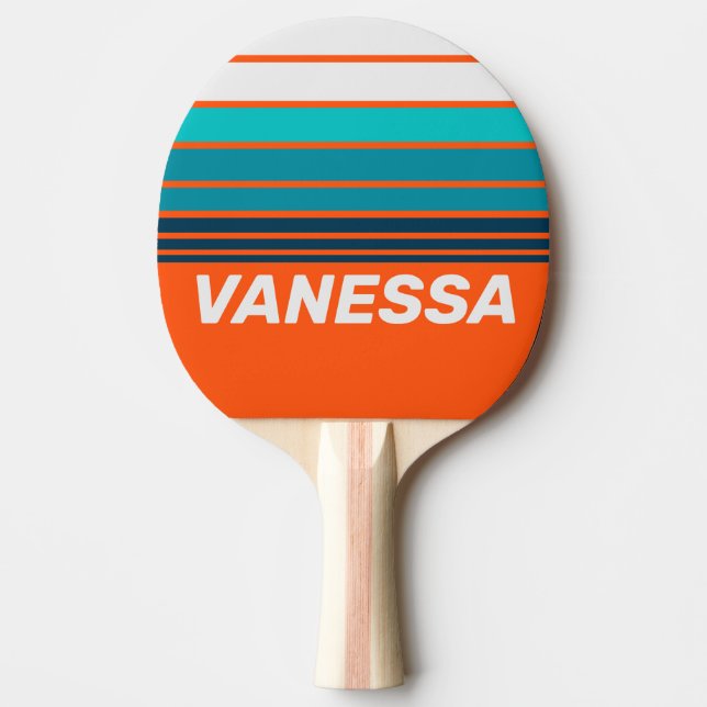 Raquete De Ping Pong Retro Salvavidas Listras Horizontais com Nome (Frente)