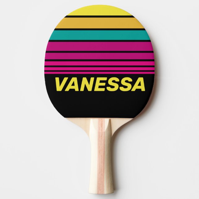 Raquete De Ping Pong Retro Striped Dark 80s Horizon Striping with Name (Frente)