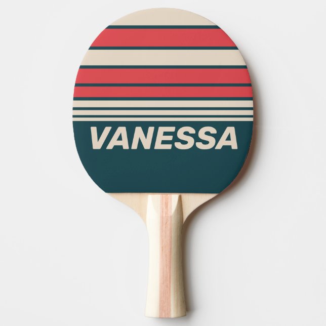 Raquete De Ping Pong Retro Teal Vibe Horizon Striping with Name (Frente)