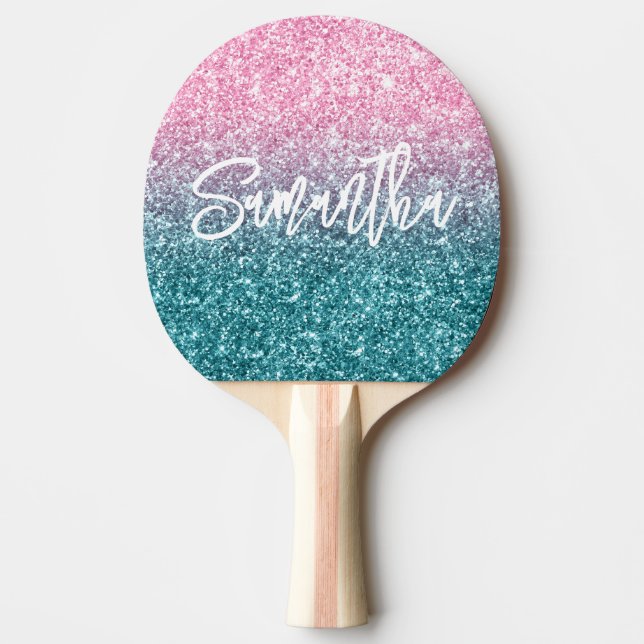 Raquete De Ping Pong Rosa claro de luxo brilhante Ombre Glitter (Frente)