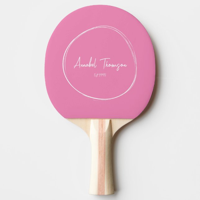 Raquete De Ping Pong Rosa Clássico com Nome em Círculo Desenhado (Frente)