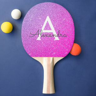 Raquete De Ping Pong Rosa-Quente - Brilho Roxo e Monograma Minúsculo