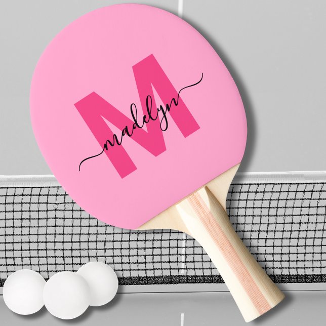 Raquete De Ping Pong Rosa Vibrante Nome Moderno em Letra Manual Monogra (Hot Pink Modern Script Name Girly Monogram Ping Pong Paddle)
