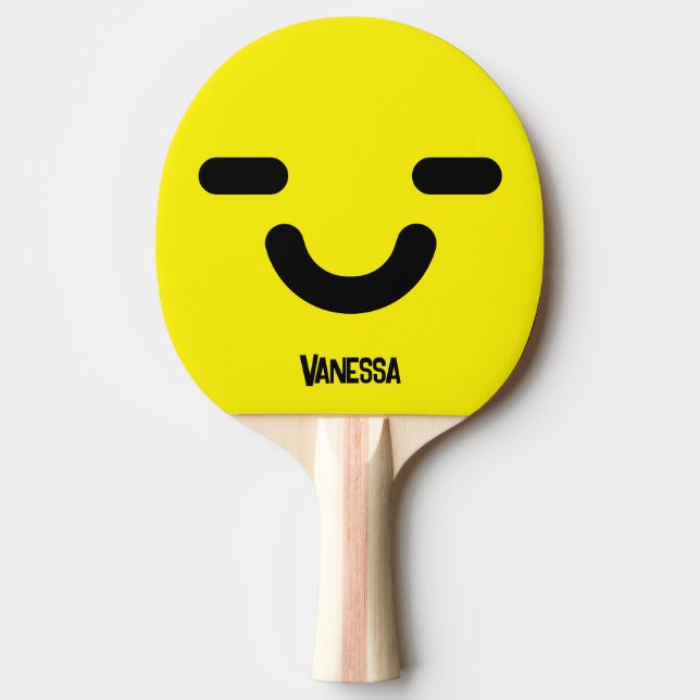 Raquete De Ping Pong Rosto Amarelo Sorridente Satisfeito com Nome (Frente)