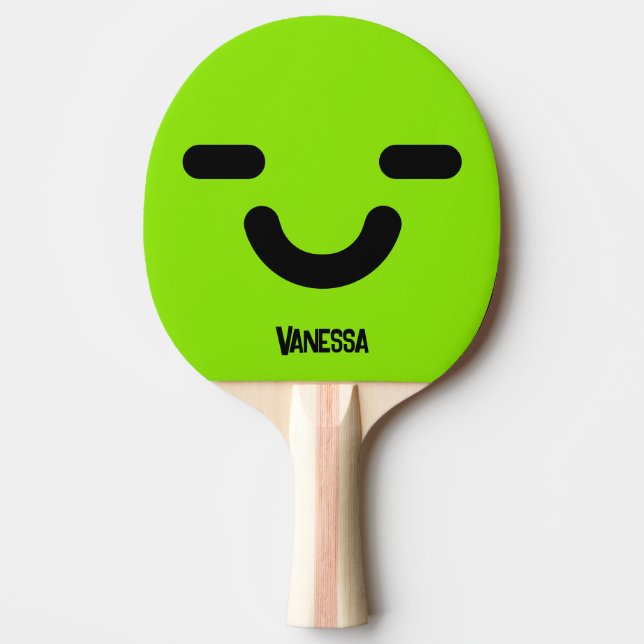 Raquete De Ping Pong Rosto Satisfeito Verde com Nome (Frente)