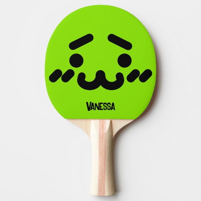 Raquete De Ping Pong Rosto Verde Fofo Desajeitado com Nome (Frente)