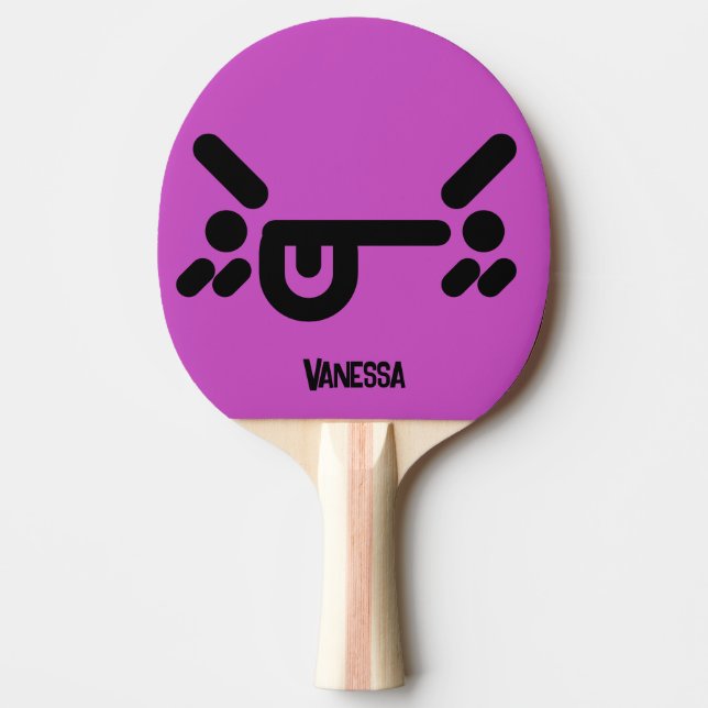 Raquete De Ping Pong Rosto Zangado Malicioso Roxo com Nome (Frente)