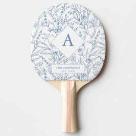 Raquete De Ping Pong Rótulo de Pino do Monograma Floral Azul Delicado