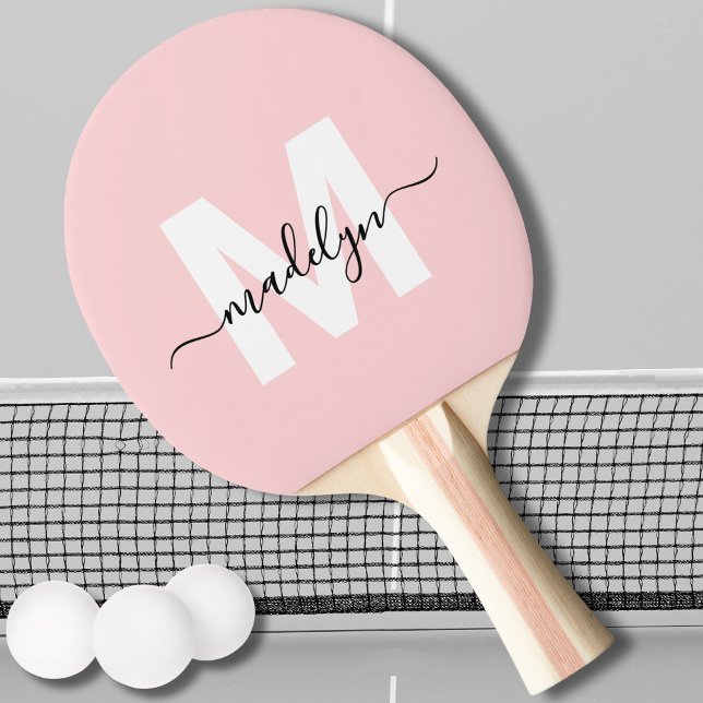 Raquete De Ping Pong Rouge Rosa Moderno Nome Cursivo Monograma Feminino (Blush Pink Modern Script Name Girly Monogram Ping Pong Paddle)