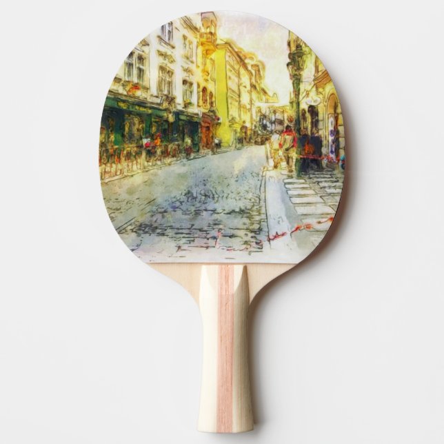 Raquete De Ping Pong Ruas da aguarela velha de Praga (Frente)