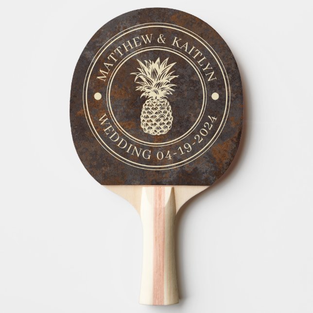 Raquete De Ping Pong Rusted Metal Sheet Pineapple Wedding Crest & Names (Frente)