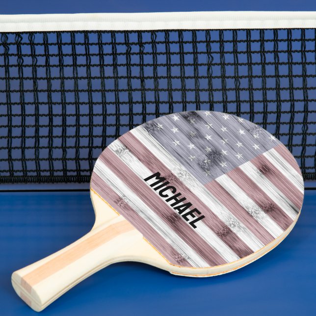 Raquete De Ping Pong Rustic Red White Blue Wood EUA bandeira nome Améri (Insitu)