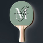 Raquete De Ping Pong Sage Green Name Monogram<br><div class="desc">Create Your Own Personalized Sage Green Elegant Script Name Monogram Ping Pong Paddle. This chic ping pong paddle features a stylish monogram on the front with a flat, white initial on a soft sage green background, paired with a classic black script name for a personalized touch. The back remains a...</div>