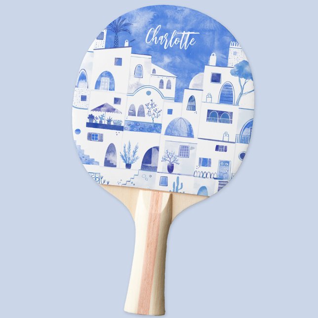 Raquete De Ping Pong Santorini Oia, Ilha Grega, Aquarela Personalizada (Santorini Oia Greece blue and white personalized watercolor ping pong paddle)