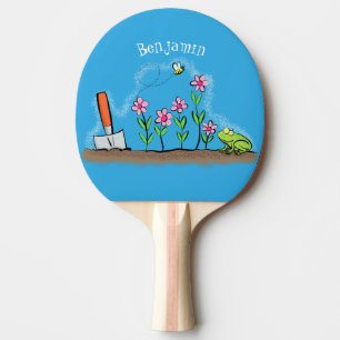 Raquete De Ping Pong Sapo bonito e abelha na ilustração de desenho anim