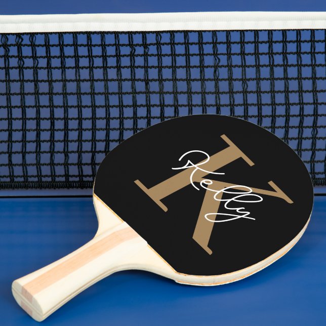 Raquete De Ping Pong Script de Monograma Dourado Preto Moderno (Insitu)