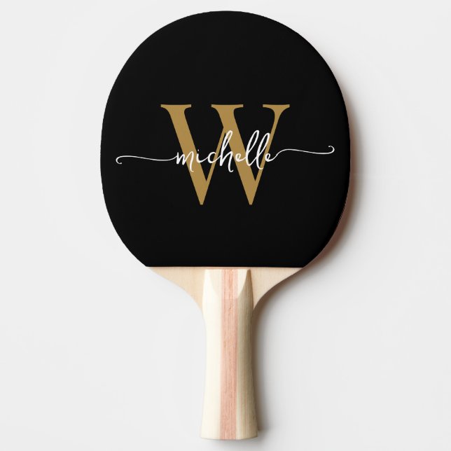Raquete De Ping Pong Script de Nome do Monograma Personalizado Dourado  (Frente)